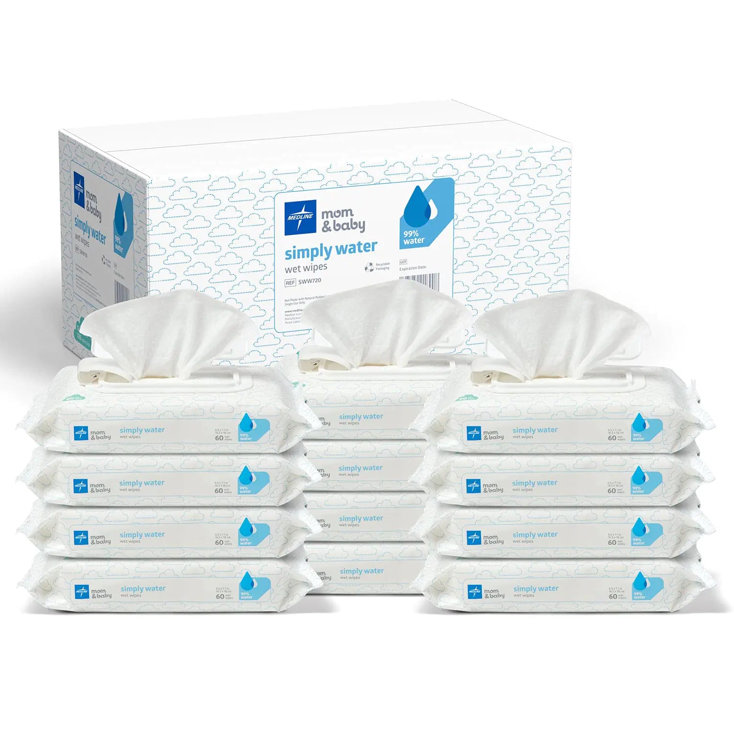 Medline Simply Water Baby Wipes 99% Water Solution Wipes 100% Plant-Based Bamboo Fiber Cloth 60 Count (Pack of 12)