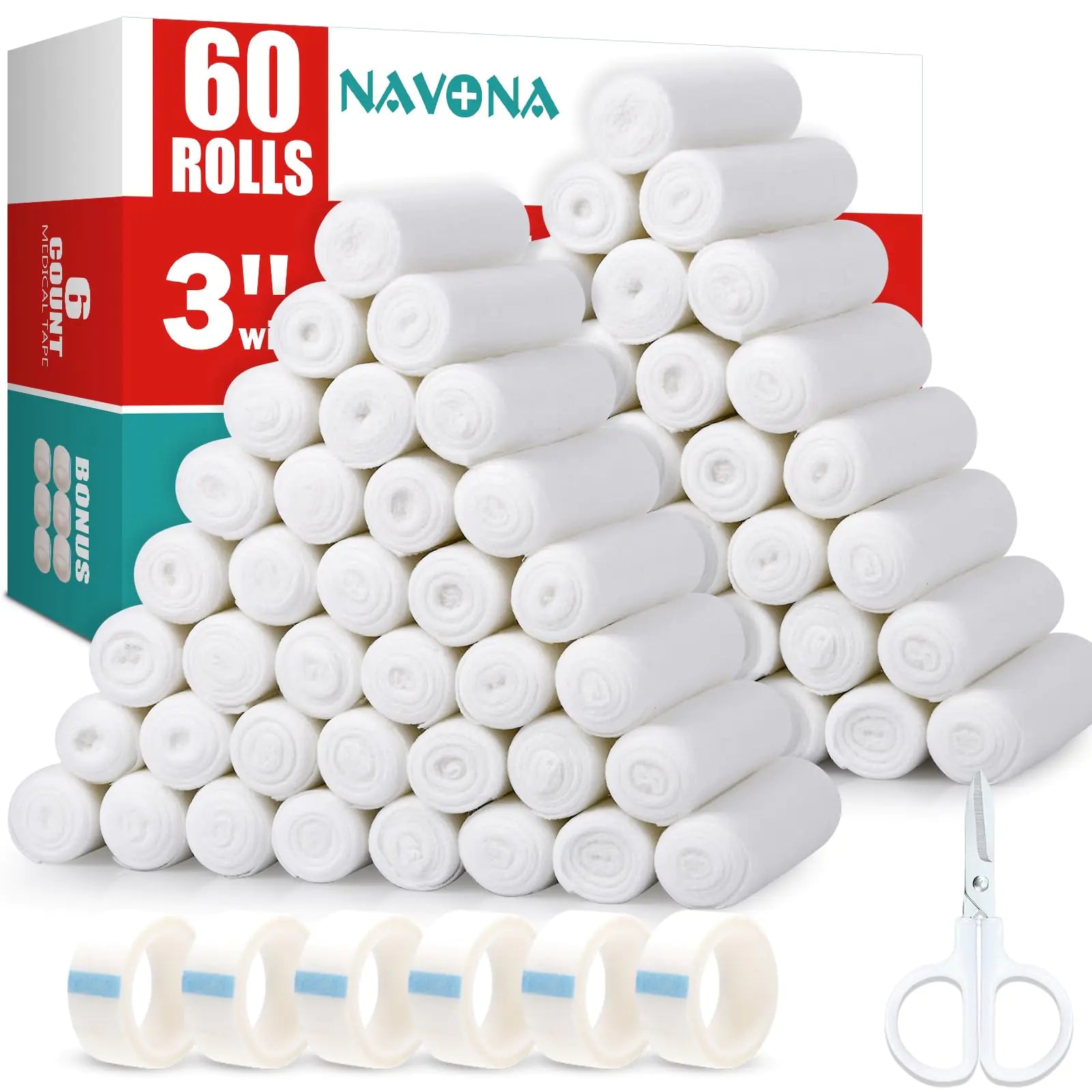 60 Pack Gauze Rolls Bandages 3 in x 4.1 Yards Individually Wrapped Breathable Rolled Gauze Mummy Wraps Premium First Aid Supplies & Medical Supplies for Wounds