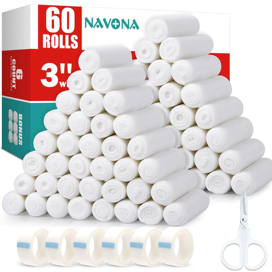 60 Pack Gauze Rolls Bandages 3 in x 4.1 Yards Individually Wrapped Breathable Rolled Gauze Mummy Wraps Premium First Aid Supplies & Medical Supplies for Wounds