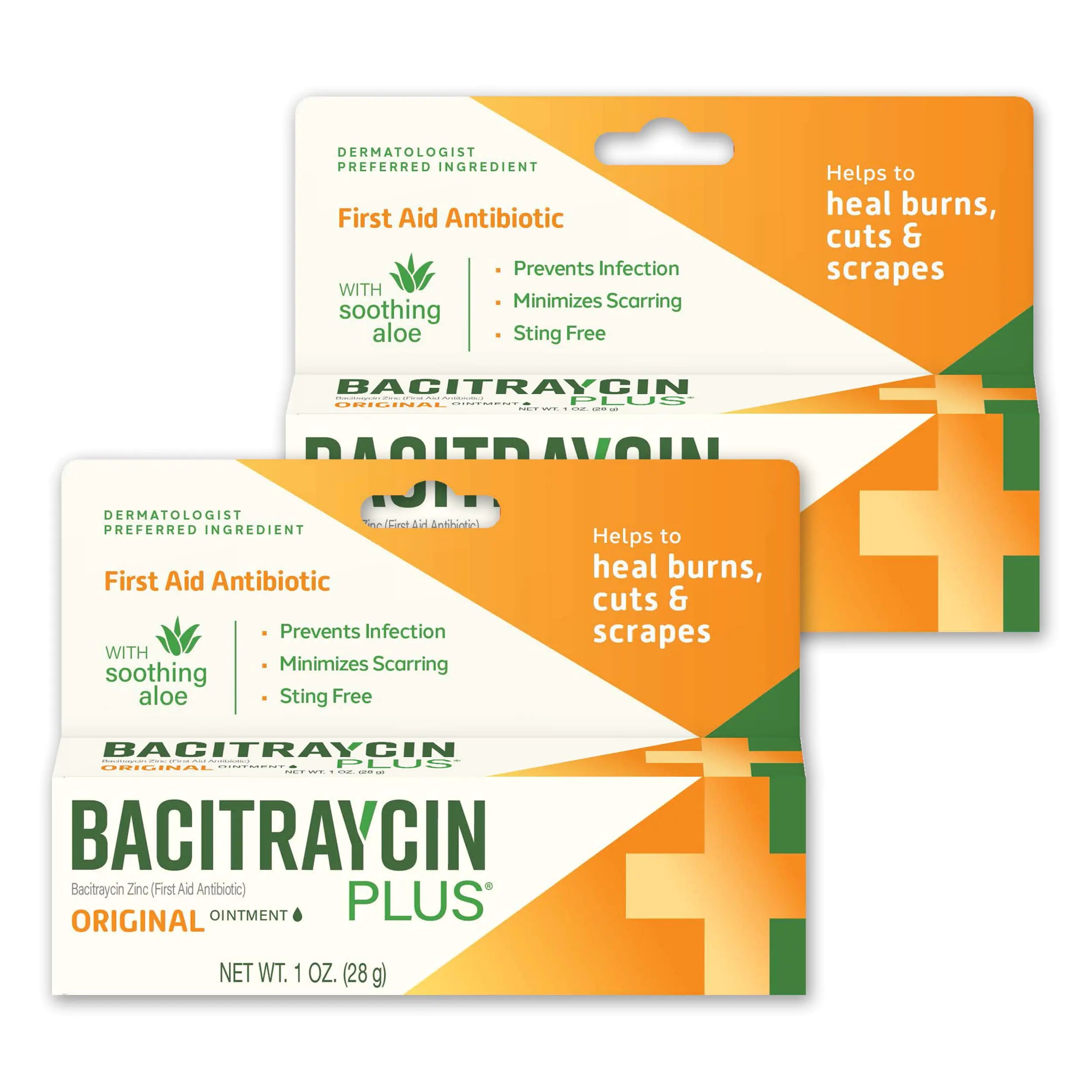 Bacitraycin Plus First Aid Antibiotic Wound Healing Ointment for Minor Cuts Scrapes and Burns with Bacitracin Zinc and Moisturizing Aloe Vera Original 1 oz 2 Pack