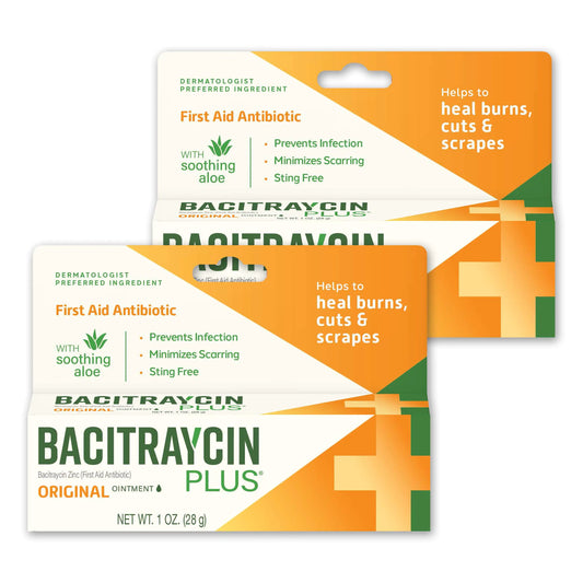 Bacitraycin Plus First Aid Antibiotic Wound Healing Ointment for Minor Cuts Scrapes and Burns with Bacitracin Zinc and Moisturizing Aloe Vera Original 1 oz 2 Pack